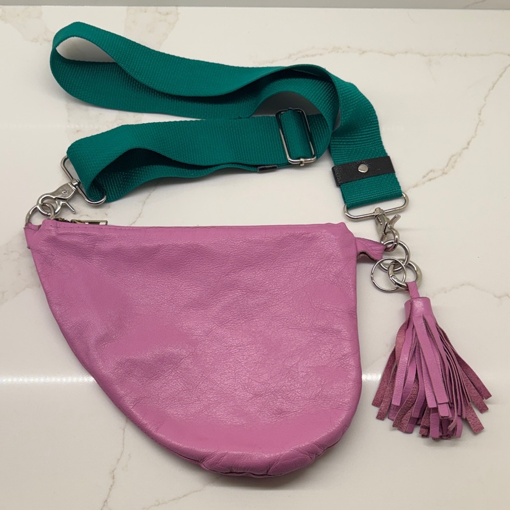 Chic Pink Crossbody Bag with Teal Strap